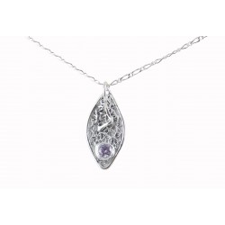 Pendentif Filigrane Argent 999 et Serti Zircon Violet sur Chaîne Argent 925