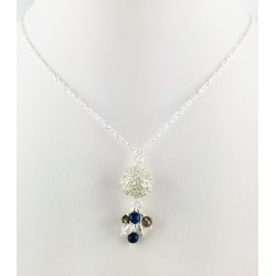 Collier Chaine Argent 925, Perle filigrane 999 Unique, Lapis-Lazuli, Cristal de Roche et Quartz fumé