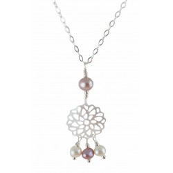 Collier Wire Wrapping Argent 925, Nacre blanc et Perles de Culture roses