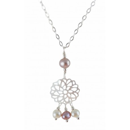 Collier Wire Wrapping Argent 925, Nacre blanc et Perles de Culture roses