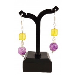 Boucles d'oreille Argent 925 Cristal de Swarovski Jaune et Perles de verre Violette