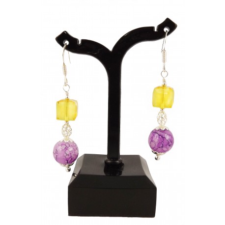 Boucles d'oreille Argent 925 Cristal de Swarovski Jaune et Perles de verre Violette