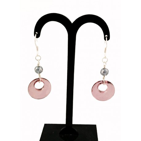 Boucles d'oreille Argent 925, Cristal de Swarovski et Perles de verre Rose et Gris