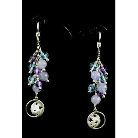 Boucles d'oreille Argent 925, Topaze, Tanzanite et Améthyste, Lune et Etoiles