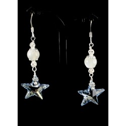 Boucles d'oreille Argent 925, Pierre de Lune et Etoile en Cristal bleu