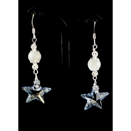 Boucles d'oreille Argent 925, Pierre de Lune et Etoile en Cristal de Swarovski bleu