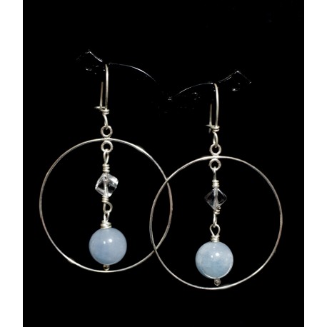 Boucles d'oreille Créoles avec Cristal de Roche et Agates bleues