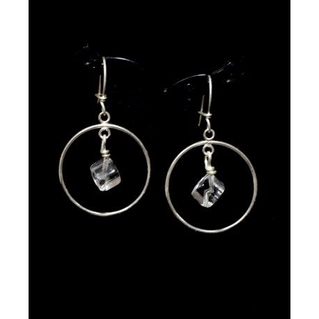 Boucles d'oreille Argent 925, Anneaux et Cristal de Roche craquelé