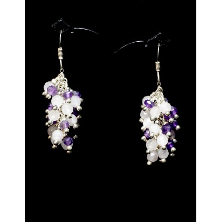 Boucles d'oreille Argent 925 Grappe Améthyste et Quartz rose