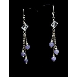 Boucle d'oreille Argent 925, Cristal de Roche et 3 pendants Tanzanite