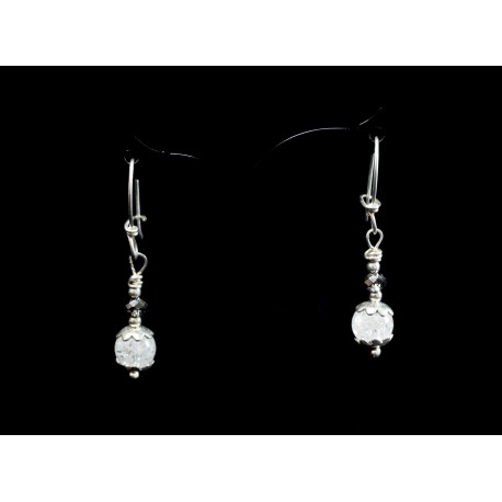 Boucles d'oreille Argent 925, Cristal de Roche craquelé et Cristal Swarovski gris