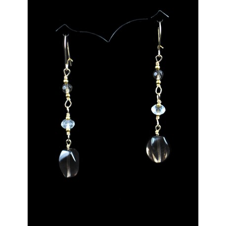 Boucles d'oreille Gold Filled, Quartz fumé et Cristal de Roche