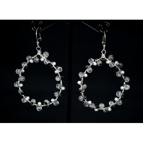 Boucles d'oreille Argent 925, Cristal de Roche, Quartz rutile et Spinelle