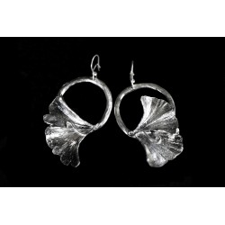 Boucles d'oreille Argent 999 Feuilles de Ginkgo sur anneau